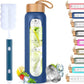 Aqulea Glass Water Bottles 25 Oz with Silicone Sleeve - BPA Free Reusable Wide Mouth Glass Motivational Water Bottles with Fruit Infuser – Leak Proof Borosilicate Water Bottle with Time Marker (Blue)