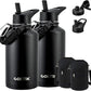 Half Gallon Insulated Water Bottle, 64 oz Triple Wall Stainless Steel Flask, Keeps Drinks Cold for 48 Hrs Leak-Proof & BPA-Free Half Gallon Jug with Paracord Handle, Straw & Spout Lids(2 pack,Black)