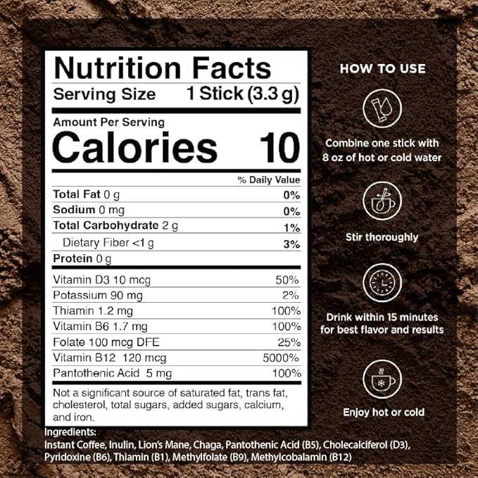 VitaCup Focus Mushroom Coffee Instant Packets, for Memory & Clarity Support, w/Fiber, Chaga, Lion’s Mane, D3, B Vitamins, Medium Roast, 100% Arabica & Robusta Coffee in Single Serve Sticks, 48 Ct