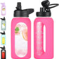32 oz Glass Water Bottle with Straw and Handle, Sports Motivational Water Flask with Silicone Sleeve, Large Leakproof Water Flask Cup with Time Marker for Travel, Gym, Hot Pink