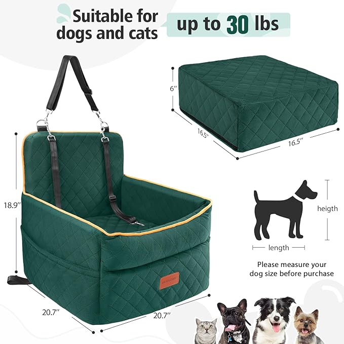 Dog Car Seat for Small Medium Dogs, Memory Foam Puppy Dog Booster Seat with Thick Cushion for Dogs Under 35lbs, Detachable Washable Pet Car Seat Travel Bed with Storage Pockets,2 Safety Belts