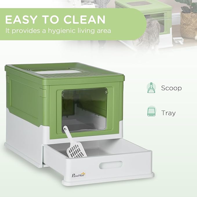 PawHut Fully Enclosed Cat Litter Box with Scoop, Hooded Cat Litter House with Drawer Type Tray, Foldable Smell Proof Potty with Front Entry, Top Exit, Large Space, Yellowish Green