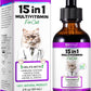 Cat Multivitamin, 15 in 1 Cat Multivitamin Liquid Drops, Cats Vitamins and Supplements with Glucosamine and Probiotics, Bones, Joint, Skin & Coat, Bladder, Immune System Support, 60ML