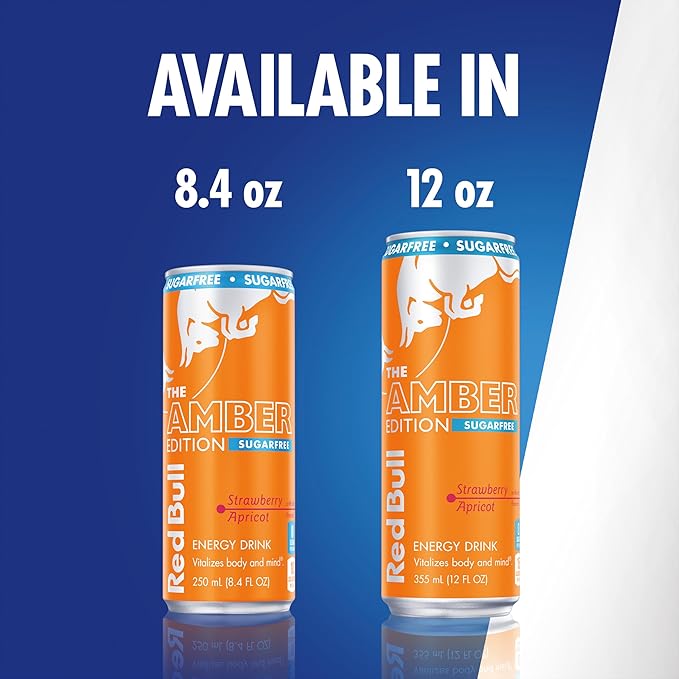 Red Bull Amber Edition Sugar Free Energy Drink, Strawberry Apricot, with 114mg Caffeine plus Taurine & B Vitamins, 12 Fl Oz, 6 Packs of 4 Cans (Pack of 24)
