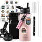 32 oz Insulated Water Bottle with Straw (Cold for 48 Hrs), Stainless Steel Triple Wall Vacuum Sports Water Jug, Leakproof Hydro Cup Flask with Paracord Handle & Straw Spout Lids & DIY Stickers