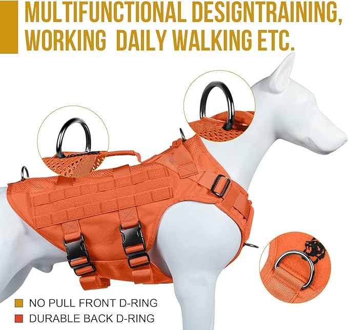 OneTigris No Pull Tactical Dog Harness for Large Dog, Mesh Design Breathable Service Dog Vest with Handle, Military Dog Vest Harness with Molle Panels for Walking Hiking Training (Orange, Large)