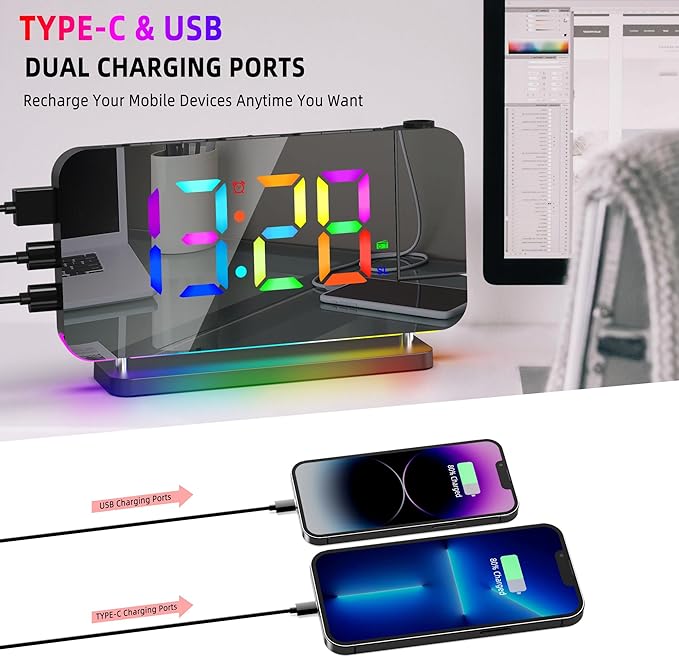 Projection Alarm Clock for Bedroom Ceiling,RGB Digital Clocks Radio with 10 Colors RGB Night Light,Loud Alarm Clock for Heavy Sleepers,USB C Charger Port,Snooze,12/24H,Auto Dimming