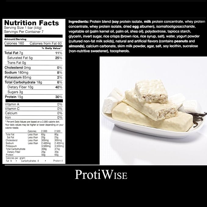 Protiwise High Protein Nutrition Bar | Fluffy Vanilla | 15g Protein Bar | Meal Replacement Bar | Gluten Free, Low Fat, Low Sugar, Keto-Friendly | Crush Cravings, Lose Weight | 7/box