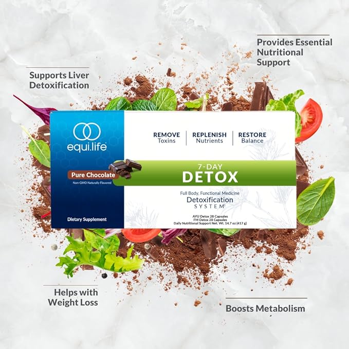 Equilife Dr. Cabral Detox, 7 Day Program with Plant Based Protein, Vitamins, Amino Acids, & Minerals to Support Full Body Balance, Meal Replacement Powder, Vegan, Gluten Free, Chocolate, 14 Servings