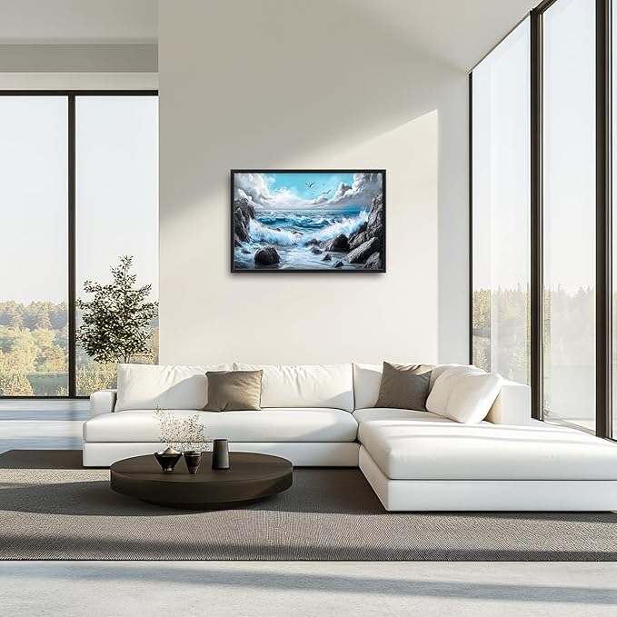 Extra Large Framed Abstract Sea Ocean Wall Art,Black and White Wall Decor, Coastal Seashore Pictures for Living Room,Canvas Print Painting Modern Artwork Bedroom Office Bathroom 36L x 24W