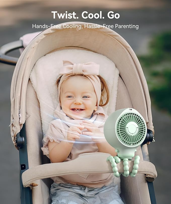 Dreamegg Portable Stroller Fan - 4000mAh Rechargeable Baby Stroller Fan With LED Display, Night Light, Hidden Blade, Detachable 4 Speed 360°Rotate, Handheld Cooling for Crib,Travel, Car Seat(Green)