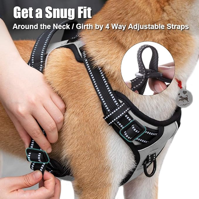 PoyPet No Pull Dog Harness, Reflective Comfortable Vest Harness with Front & Back 2 Leash Attachments and Easy Control Handle Adjustable Soft Padded Pet Vest for Small to Large Dogs (Gray,S)