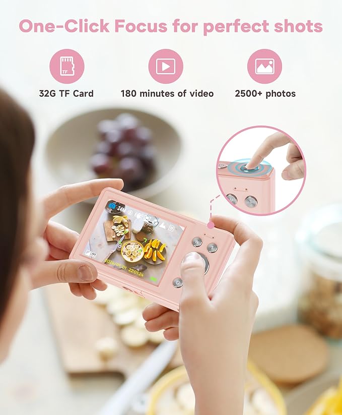 WONNIE Digital Camera 56MP, FHD 1080P Point & Shoot Camera with 32GB SD Card, 2 Batteries, and Lanyard, Ideal for Kids & Teens, Suitable Gift for Girls，Pink, 2-Pack