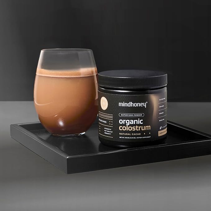 MINDHONEY Organic Colostrum | Premium Cacao Flavored Superfood Powder | Gut Health & Immunity, Skin & Hair, Anti-Aging, Performance & Recovery | Grass-Fed, Pasture-Raised | 30 Servings
