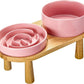 Ceramic Slow Feeder and Water Bowl Set for Small Dogs, Ceramic Dog Bowls Elevated with Wooden Stand, 0.6 Cups Dog Slow Feeder(14oz) and 30oz Water Bowl Set, Pink