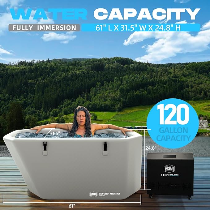 Inflatable Ice Bath Tub for Athletes, Slanted-Edge Cold Plunge Recovery Tub with Insulated Lid, EVA Groundsheet, Backpack, 120 Gallon Capacity, 61" x 31.5" x 24.8", Portable Durable Design
