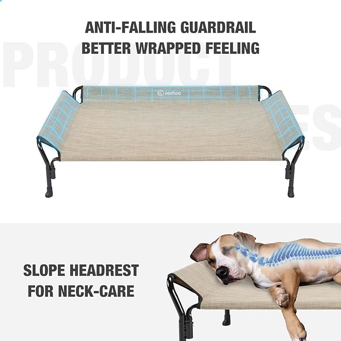 Veehoo Cooling Elevated Dog Bed, XL Raised Pet Cot with Guardrail & Slope Headrest, Durable Breathable Teslin Mesh, Non-Slip Feet, Washable Dog Couch Bed for Indoor & Outdoor, 50.5" x 33.5", Beige