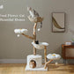 59" Modern Cat Tree Tower for Large Cats w/2 Flower Perches-Natural Solid Wood Scratching Post with Real Branch-Luxury Boho Cat Furniture w/Condo & Wicker Basket Bed, Cloud White