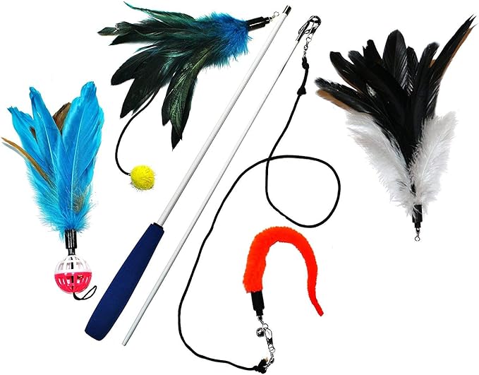 Pet Fit For Life 4 Piece Dual Rod Feather Teaser and Exerciser for Kitten and Cats - Cat Toy Interactive Cat Wand
