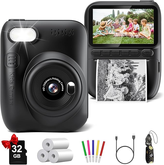 Instant Print Camera for Kids, 3.0" HD 1080P Digital Video Cameras with 3 Rolls of Printer Paper for Toddler, Birthday Gifts Toy for Girls Boys with 32GB SD Card (3.0 Style, Black)