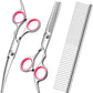 Dog Grooming Kit with Safety Round Tips Stainless Steel Professional Dog Shears Set - Thinning, Curved Scissors and Comb for Cat Pet