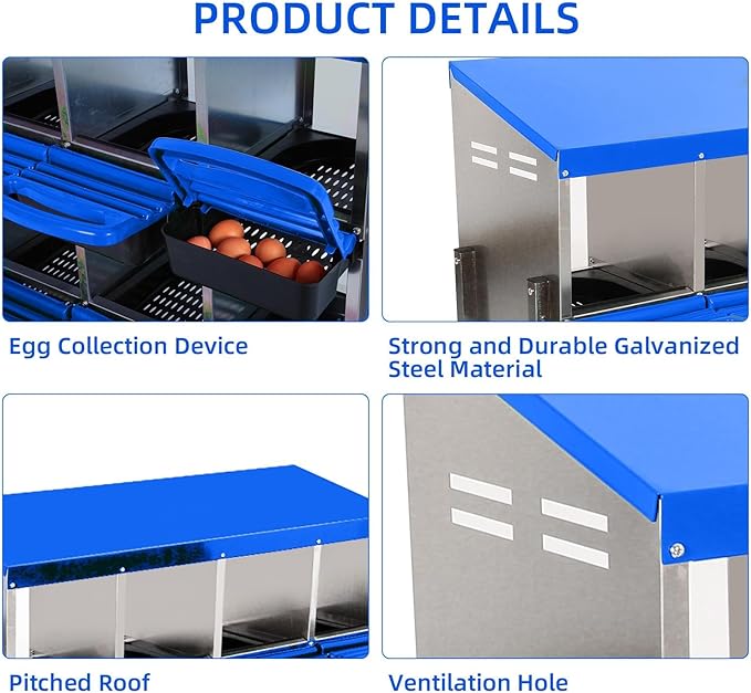 Chicken Nesting Boxes, 8 Hole Metal Chicken Laying Box with with Removable Trays and Roll Out Egg Collection for Chicken Coop, Blue