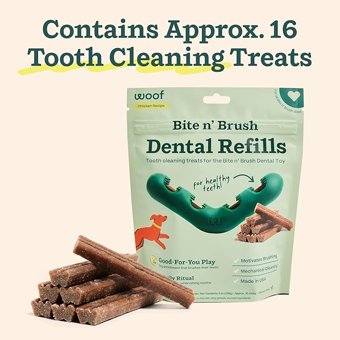 WOOF - Bite n' Brush Refills for The Dog Toothbrush Toy - Scrub Plaque and Tartar from Your Dog's Teeth and Mouth - Dog Dental Chew Toy Treats - Approximately 16 Refills - 2 Pack