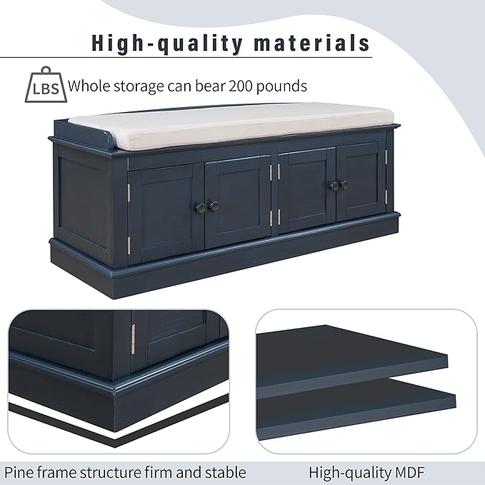 Storage Bench with 4 Doors and Adjustable Shelves, Shoe Bench with Removable Cushion for Living Room, Entryway 42.7" L x 16" W x 17.4" H (Antique Navy)