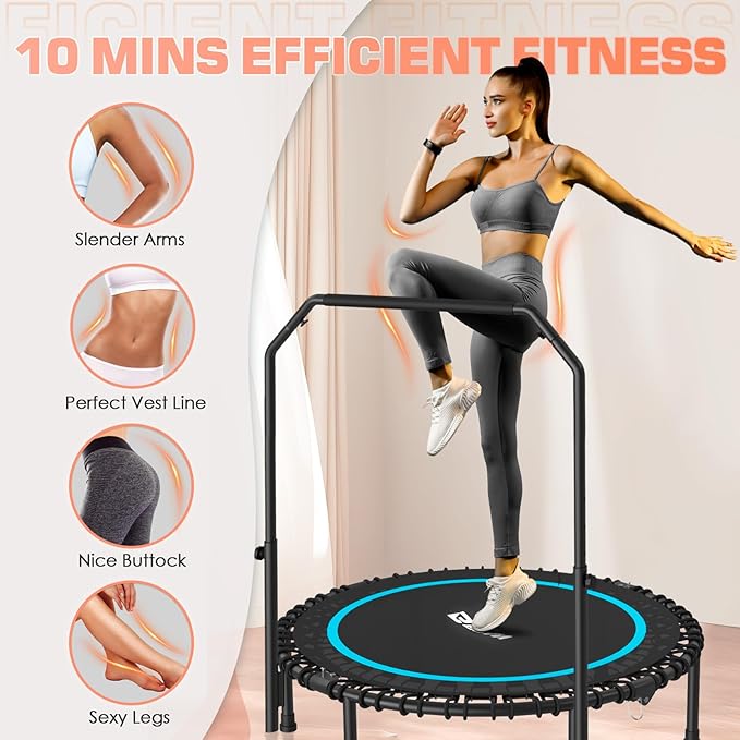 BCAN 40"/48" Rebounder Trampoline for Adult, 450/550LBS Fitness Trampoline with Bungees, Adjustable Handle, Stable & Quiet, Indoor Outdoor, Whole-Body Workout & Relaxation at Home for Women/Men