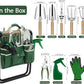 Garden Tool Set, 10 Piece Kit with Heavy Duty Folding Stool, Detachable Storage Tote Bag, Stainless Steel Tools, Gifts for Women Men Green