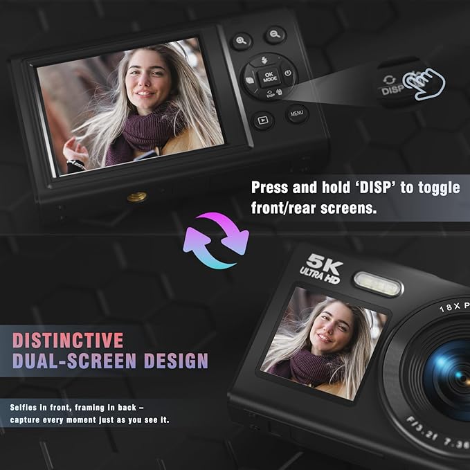 5K Digital Camera, Dual Screens Camera with 18X Digital Zoom, Compact Vlogging Camera for Teens, Beginner-Friendly Gift Pack, 32GB Card & 2 Batteries, Black