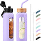 Kodrine Water Bottle with Straw, 24 oz Glass water Bottle with 2 Lids Bamboo Straw Lid and Spout Lid with Handle, 32 oz Clear Water Bottle Glass for Sports Travel, Waterbottle with Time Marker