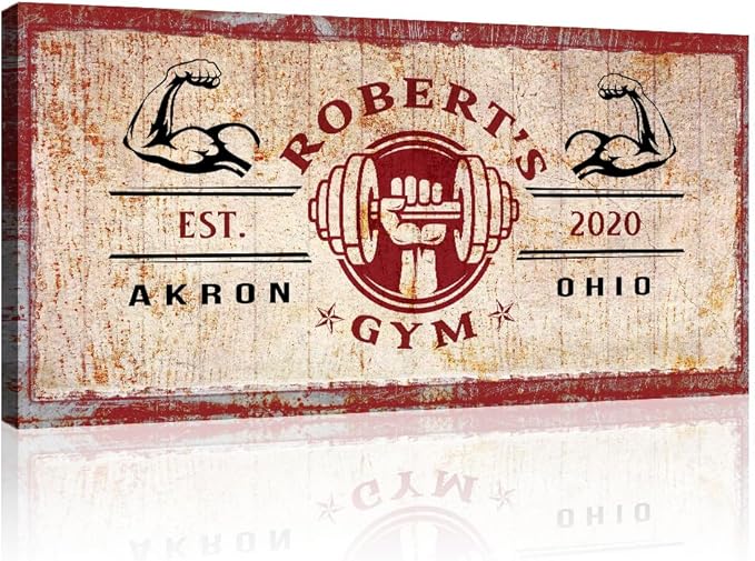 Tailored Canvases Personalized Gym Sign Wall Art Decor - Motivational Canvas for Home Gym, Workout Room, Garage, Fitness Center - Workout Inspirational Posters - One Hand Dumbbell on Rustic Red, 20x10in