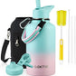 Half Gallon Insulated Water Bottle, 64 oz Triple Wall Stainless Steel Flask, Keeps Drinks Cold for 48 Hrs Leak-Proof & BPA-Free Half Gallon Jug with Paracord Handle, Straw & Spout Lids(Bubble Gum)