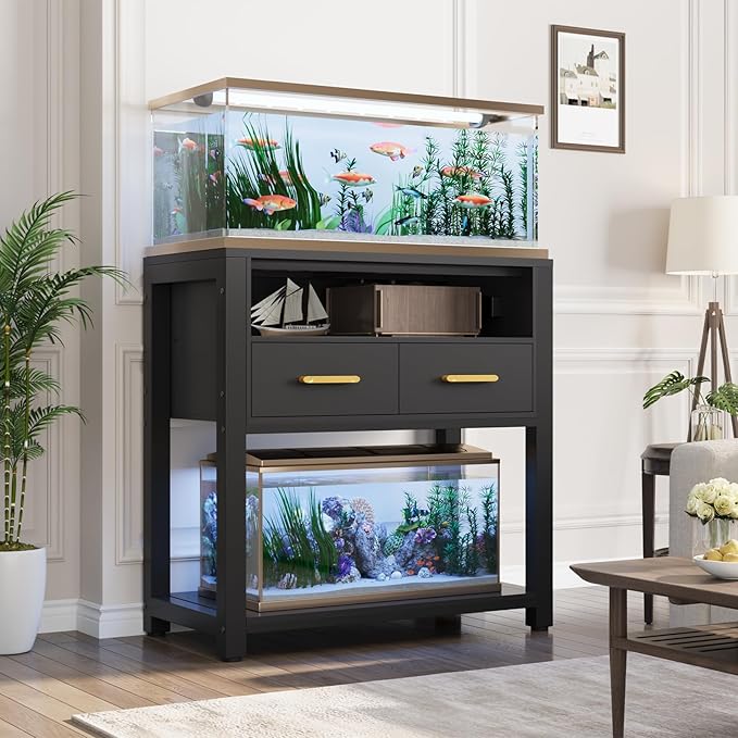 20-29 Gallon Aquarium Stand with Stable Metal Frame & Power Outlet, Heavy-Duty Fish Tank Stand with Waterproof Mat, 550LBS Capacity Storage Cabinet, Black