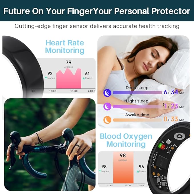Smart Rings for Women Men,Fitness Tracker Ring,Heart Rate,Blood Oxygen,Blood Pressure,Step Tracker,Sleep Monitoring,No Subscription Fee,IP68 Waterproof Smart Ring for iphone&Android(Black 8)