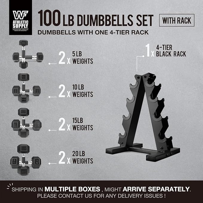 WF Athletic Supply Rubber Encased Hex Dumbbells with Rubber Grip Contoured Handle for Muscle Toning, Strength Building & Full Body Workout