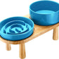 Ceramic Slow Feeder and Water Bowl Set for Small Dogs, Ceramic Dog Bowls Elevated with Wooden Stand, 0.6 Cups Dog Slow Feeder(14oz) and 30oz Water Bowl Set, Blue