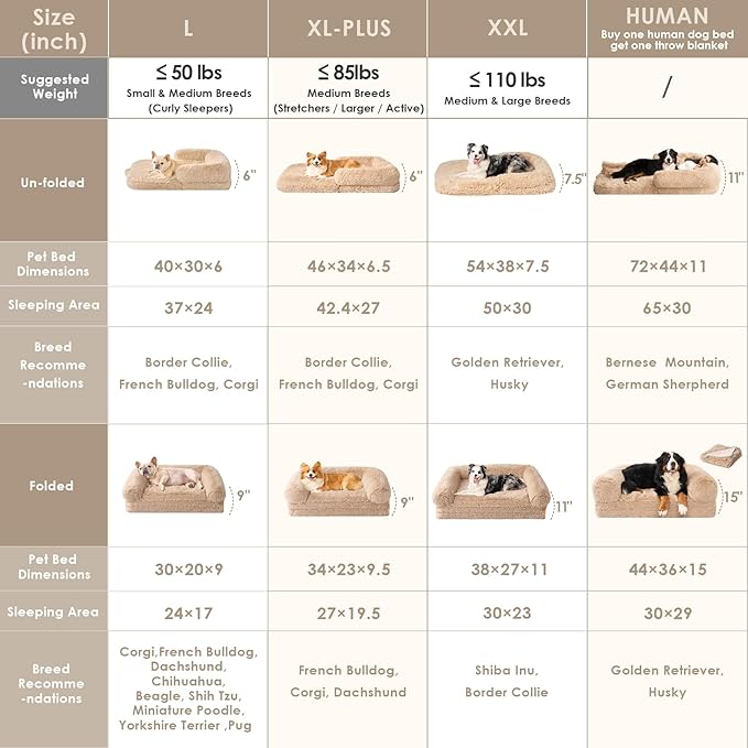EHEYCIGA Foldable XXL Dog Bed, Faux Fur Fluffy Pet Couch Bed for Extra Large Dogs, Orthopedic Calming Memory Foam Big Pet Bed, Washable Soft Pet Sofa Bed with Non-Slip Bottom, Camel, 54"x38"x7.5"