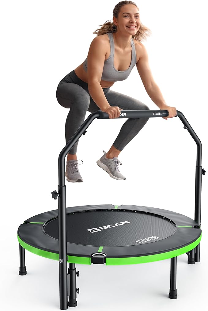 BCAN 40"/48" Foldable Mini Trampoline, Rebounder Trampoline for Adults, U/T Shape Adjustable Foam Handle, Exercise Rebounder for Adults Indoor/Garden Workout, Max Load 330lbs/440lbs