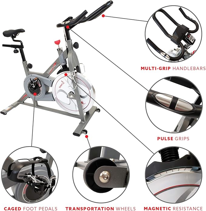 Sunny Health & Fitness Indoor Cycling Exercise Bike w/Pulse Sensors & 4-Way Adjustable Seat, Stationary Home Cardio Training Machine w/Micro-Adjustable Magnetic Resistance for Intensive Cardio Session