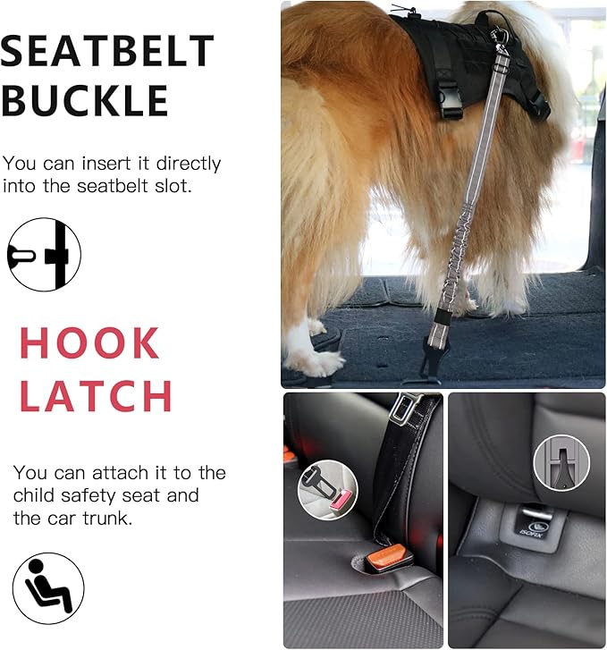 AUBELL Dog Seat Belt for Car,2 Pack Set 3-in-1 Adjustable Reflective Bungee Heavy Duty Dog Car Harness Tether with Clip Hook Latch & Buckle,Swivel Zinc Alloy Carabiner,Black+Grey