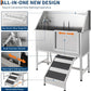 Stainless Steel Dog Washing Station - Dog Bath Tub for Large, Medium, Small Dogs, Pet Grooming Tub with Ramp, Non-Slip Grate, Shower, Soap Box, Faucet, Drain for Home & Outdoor （Right RAMP, 60"）