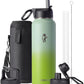 Water Bottle 40 oz Insulated with Straw&Brush, Coolflask Vaccum Stainless Steel Metal 3 Lids Water Flask for Sports, Gym or Office, Keep Cold 48H Hot 24H, Ombre Green