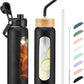 Kodrine Water Bottle with Straw, 24 oz Glass water Bottle with 2 Lids Bamboo Straw Lid and Spout Lid with Handle, 32 oz Clear Water Bottle Glass for Sports Travel, Waterbottle with Time Marker