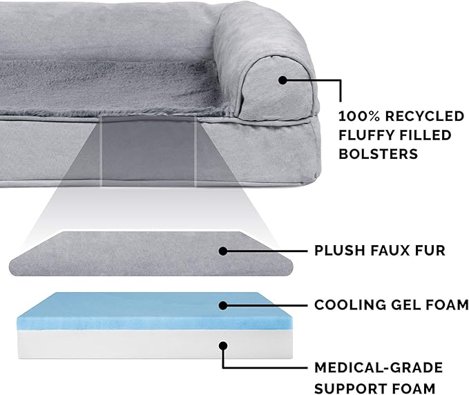 Furhaven Cooling Gel Dog Bed for Large/Medium Dogs w/ Removable Bolsters & Washable Cover, For Dogs Up to 55 lbs - Plush & Suede Sofa - Gray, Large