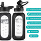 32 oz Glass Water Bottle with Straw and Handle, Sports Motivational Water Flask with Silicone Sleeve, Large Leakproof Water Flask Cup with Time Marker for Travel, Gym, Black