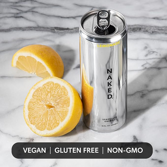 Naked Sparkling Energy Drink - Lemonade, Organic Caffeine, Organic Lemon Juice, Zero Sugar, No Sucralose, Naturally Sweetened, Natural Energy Drinks, Vegan, Gluten-Free, Non-GMO - 12oz Cans (Pack of 12)