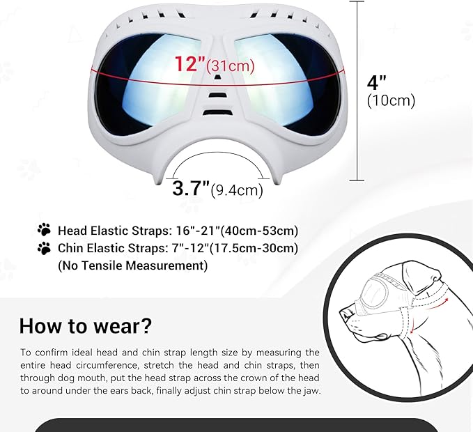 Dog Goggles for Medium-Large Breeds Windproof Anti-UV Pet Sunglasses with Adjustable Straps for Large Dog - White