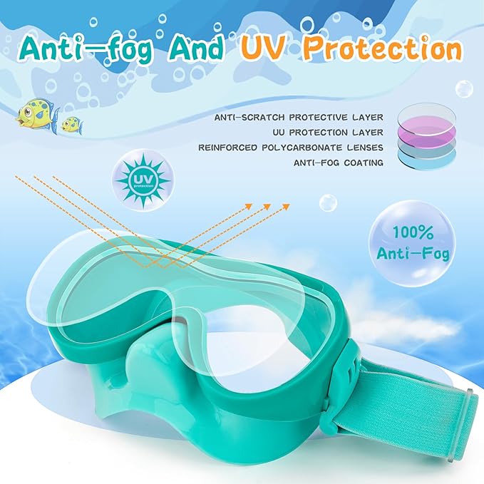 Kids Swim Goggles 180° Snorkel Diving Mask with Nose Cover, Anti-Fog Kids Swimming Goggles with Elastic Fabric Strap for Kids Boys Girls
